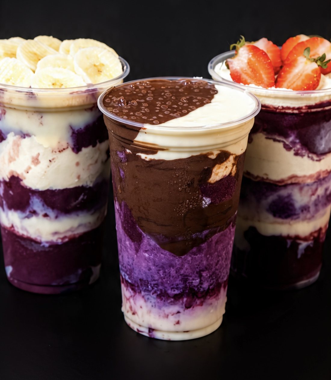 Três copos de açaí montados do Vem de Açaí, com banana, chocolate e morango